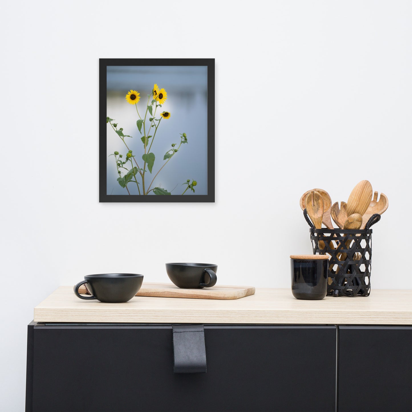 Sunflowers in Front of Lake Photography Framed poster