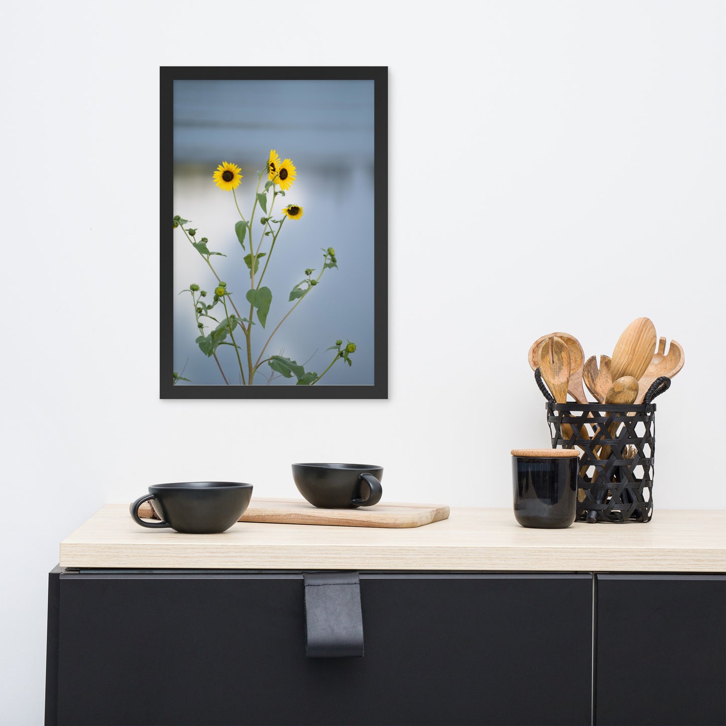 Sunflowers in Front of Lake Photography Framed poster