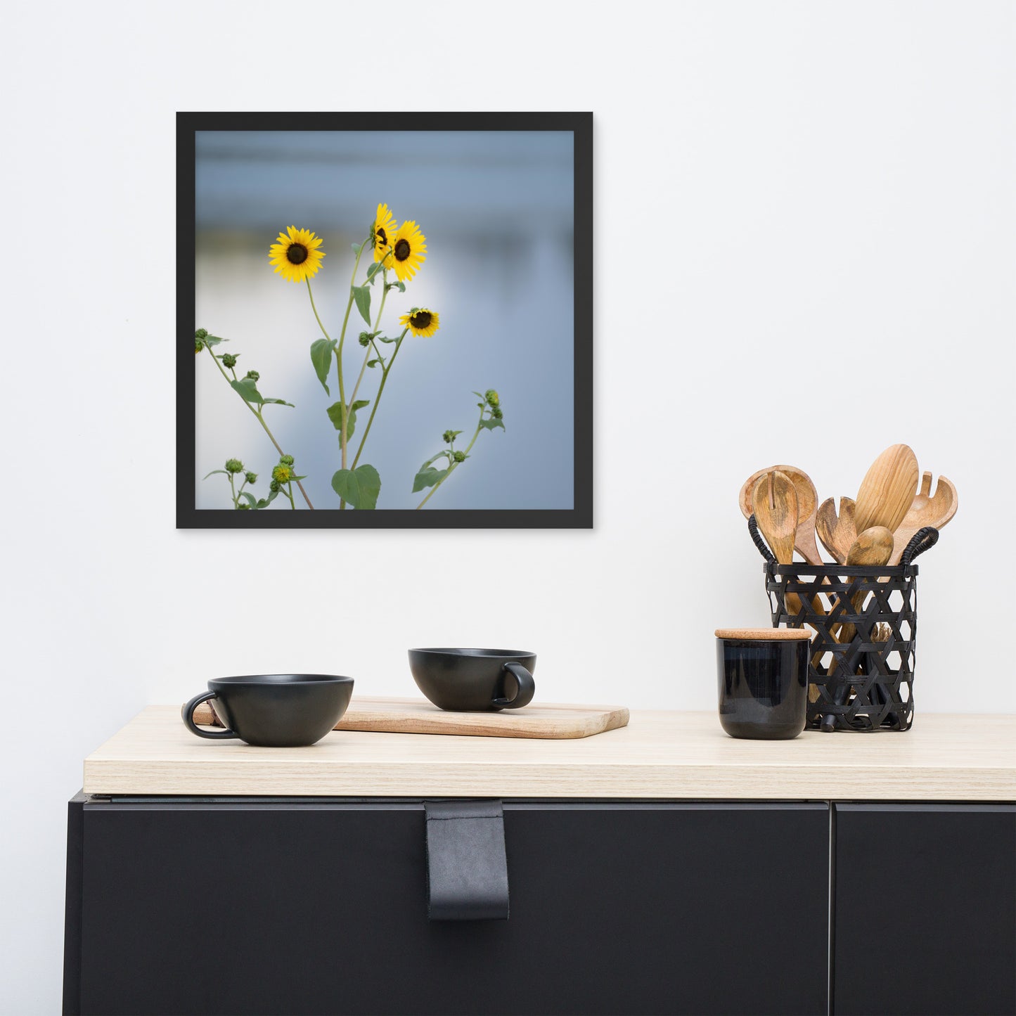 Sunflowers in Front of Lake Photography Framed poster