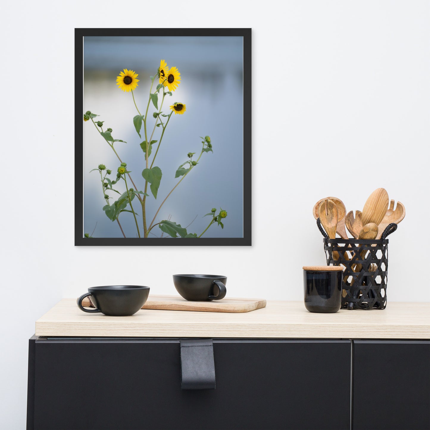 Sunflowers in Front of Lake Photography Framed poster