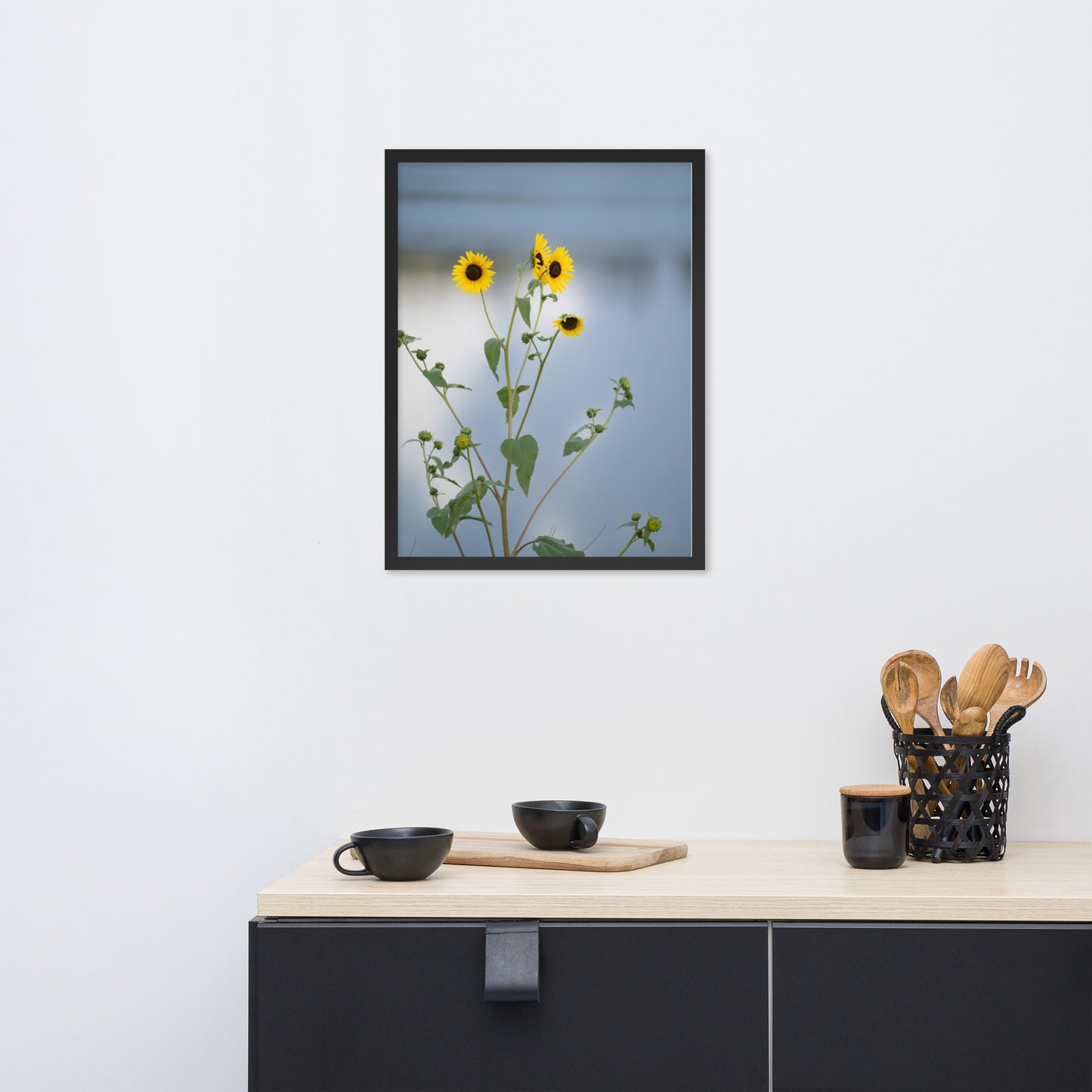 Sunflowers in Front of Lake Photography Framed poster