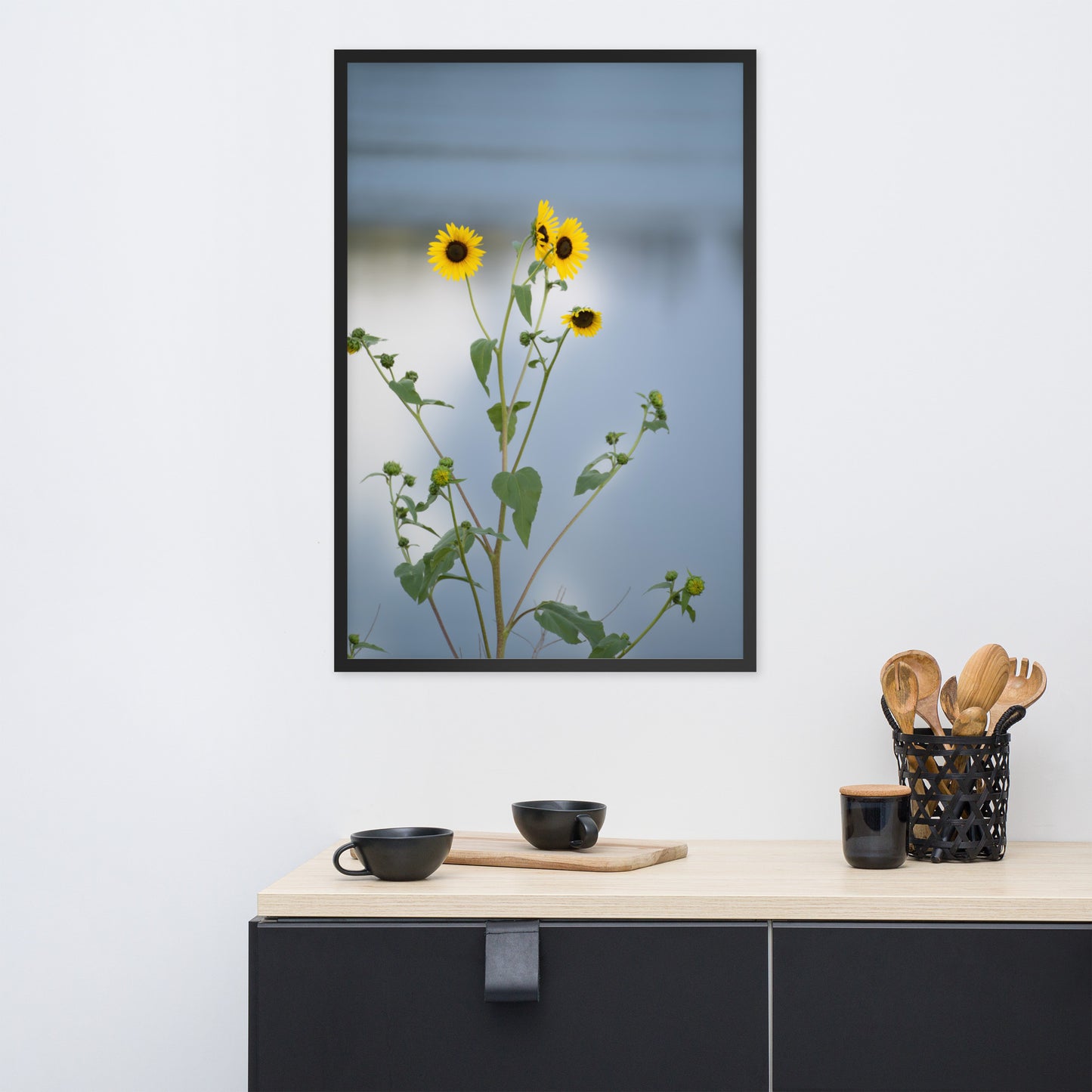 Sunflowers in Front of Lake Photography Framed poster